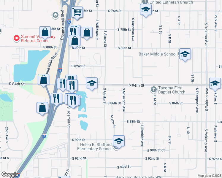 map of restaurants, bars, coffee shops, grocery stores, and more near 1633 South 84th Street in Tacoma