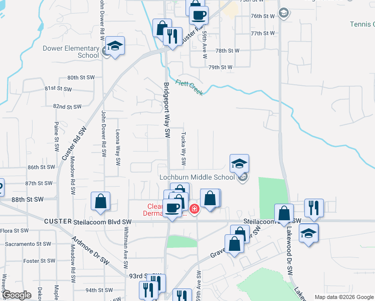 map of restaurants, bars, coffee shops, grocery stores, and more near 8326 Tuckaway Drive Southwest in Lakewood