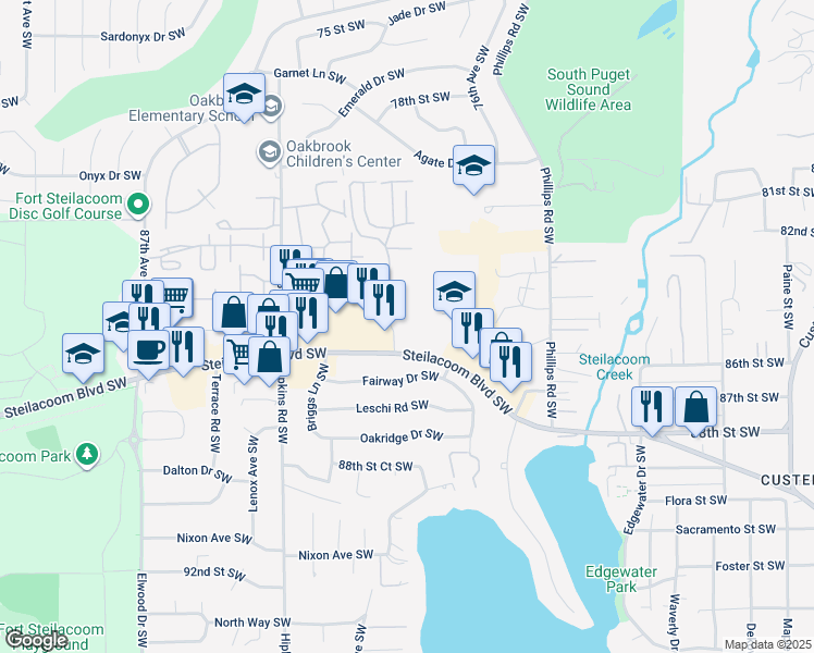 map of restaurants, bars, coffee shops, grocery stores, and more near 25 Thunderbird Parkway Southwest in Lakewood