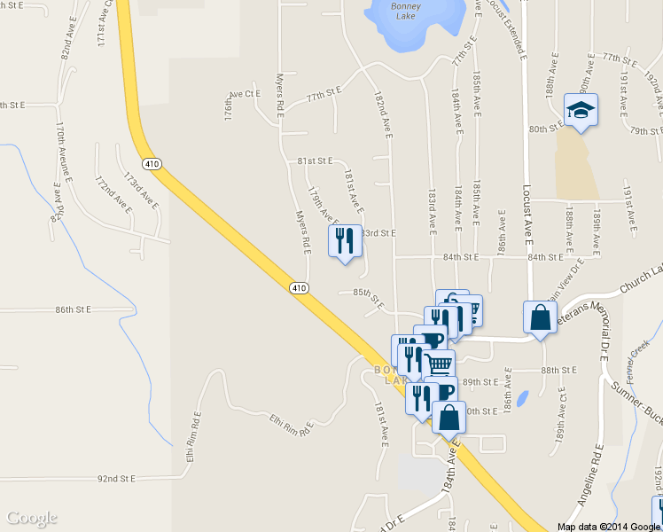 map of restaurants, bars, coffee shops, grocery stores, and more near 18110 85th Street East in Bonney Lake