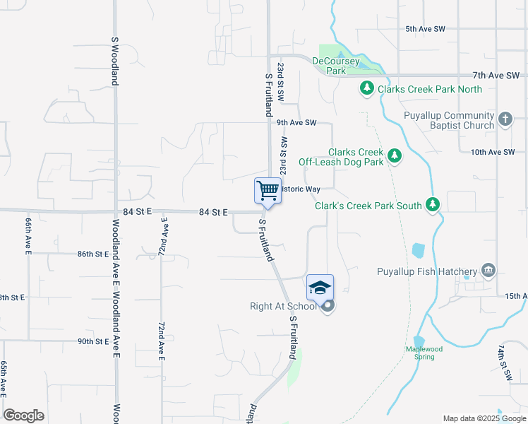 map of restaurants, bars, coffee shops, grocery stores, and more near 84th St Ct E & Fruitland Ave E in Puyallup