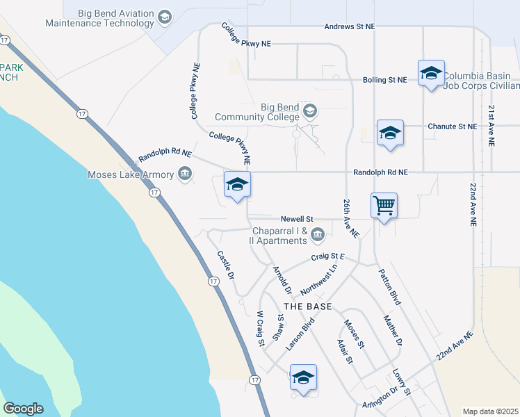 map of restaurants, bars, coffee shops, grocery stores, and more near 6379 Arnold Drive in Moses Lake