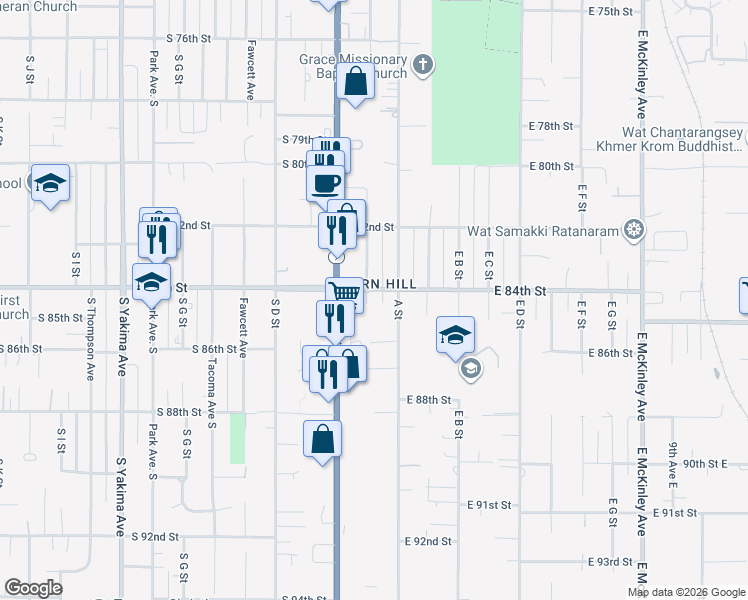 map of restaurants, bars, coffee shops, grocery stores, and more near 8242 South Bell Street in Tacoma