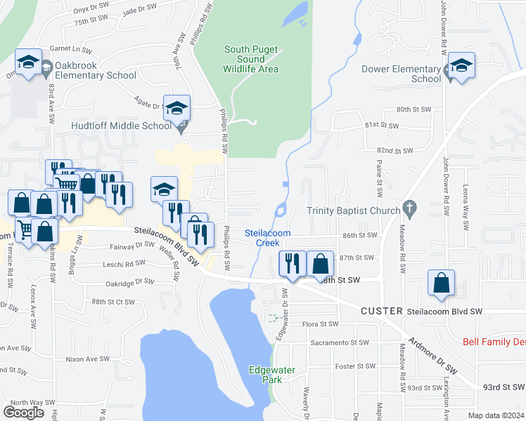 map of restaurants, bars, coffee shops, grocery stores, and more near 8363 Phillips Road Southwest in Tacoma