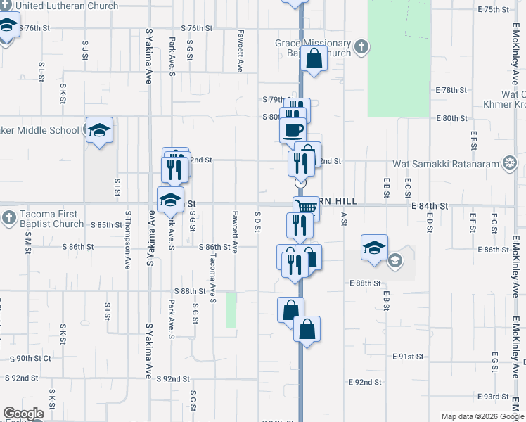 map of restaurants, bars, coffee shops, grocery stores, and more near 309 South 84th Street in Tacoma