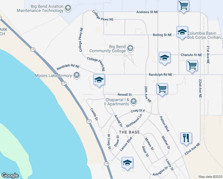 map of restaurants, bars, coffee shops, grocery stores, and more near 6379 Arnold Drive in Moses Lake