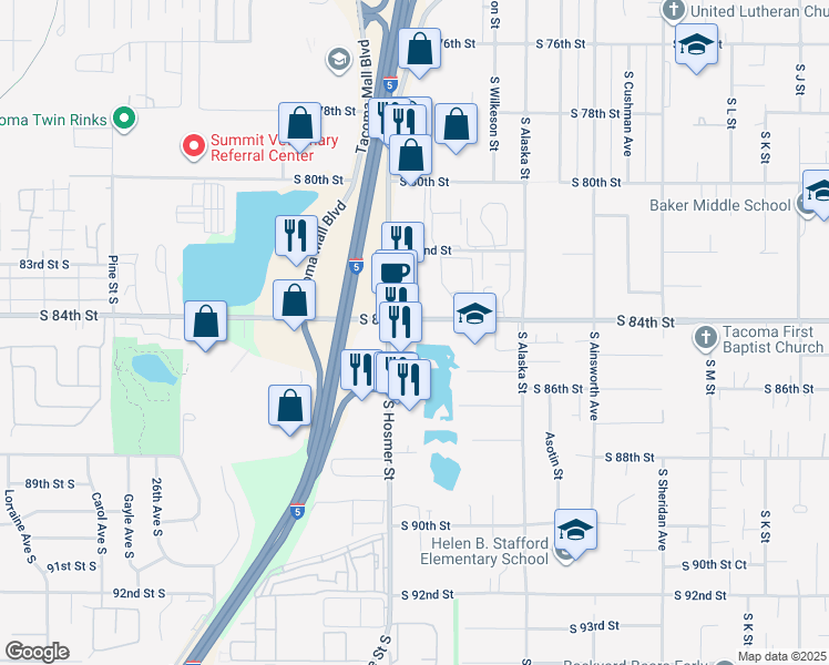 map of restaurants, bars, coffee shops, grocery stores, and more near in Tacoma