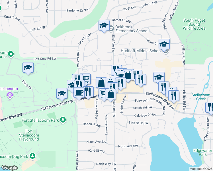 map of restaurants, bars, coffee shops, grocery stores, and more near 8404 83rd Avenue Southwest in Lakewood