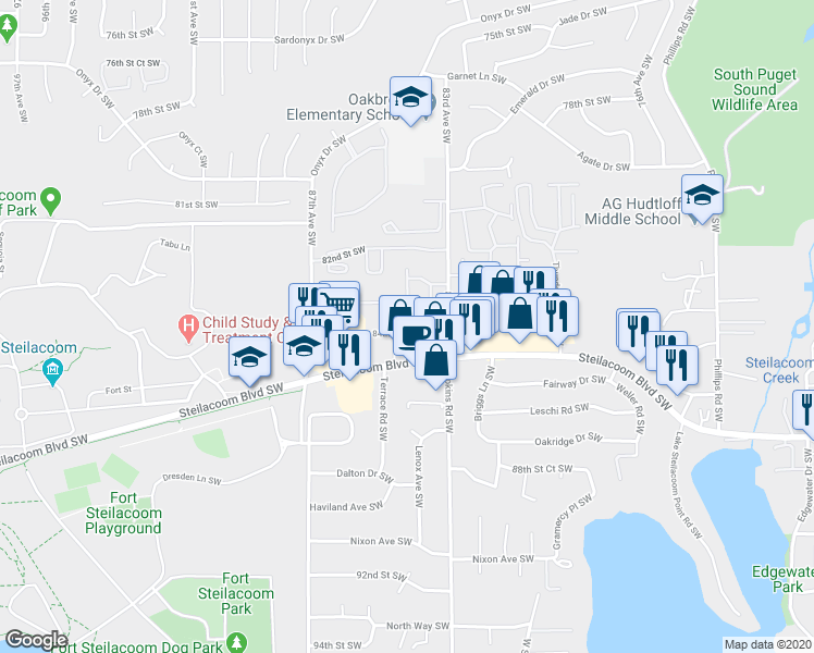 map of restaurants, bars, coffee shops, grocery stores, and more near 8315 Terrace Road Southwest in Lakewood