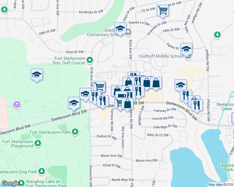 map of restaurants, bars, coffee shops, grocery stores, and more near 8315 Terrace Road Southwest in Lakewood