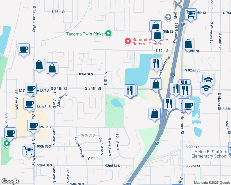 map of restaurants, bars, coffee shops, grocery stores, and more near 2611 84th Street Court South in Lakewood