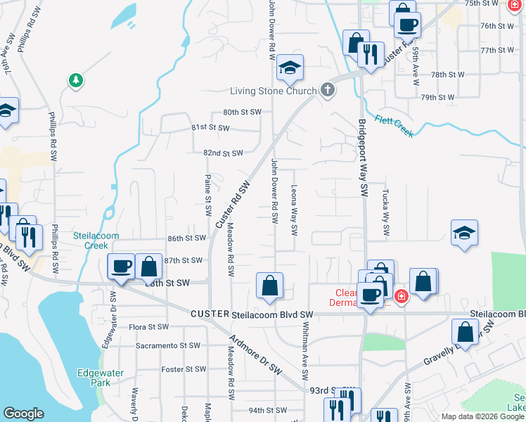 map of restaurants, bars, coffee shops, grocery stores, and more near 6512 84th Court Southwest in Lakewood