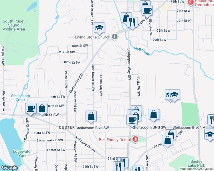 map of restaurants, bars, coffee shops, grocery stores, and more near 6223 85th Street Southwest in Lakewood