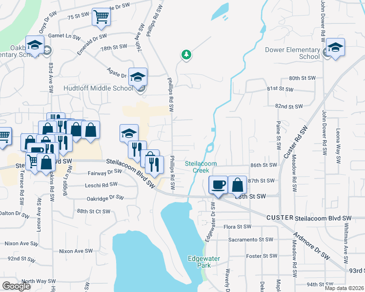 map of restaurants, bars, coffee shops, grocery stores, and more near 8321 Phillips Road Southwest in Lakewood
