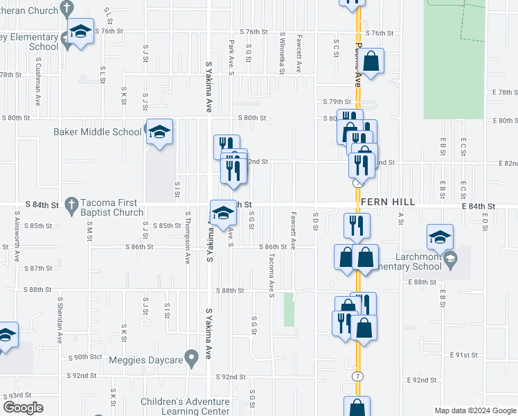 map of restaurants, bars, coffee shops, grocery stores, and more near 612 South 84th Street in Tacoma
