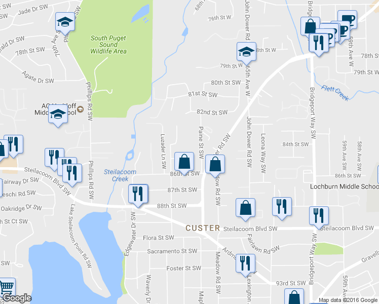 map of restaurants, bars, coffee shops, grocery stores, and more near 8404 Paine Street Southwest in Lakewood