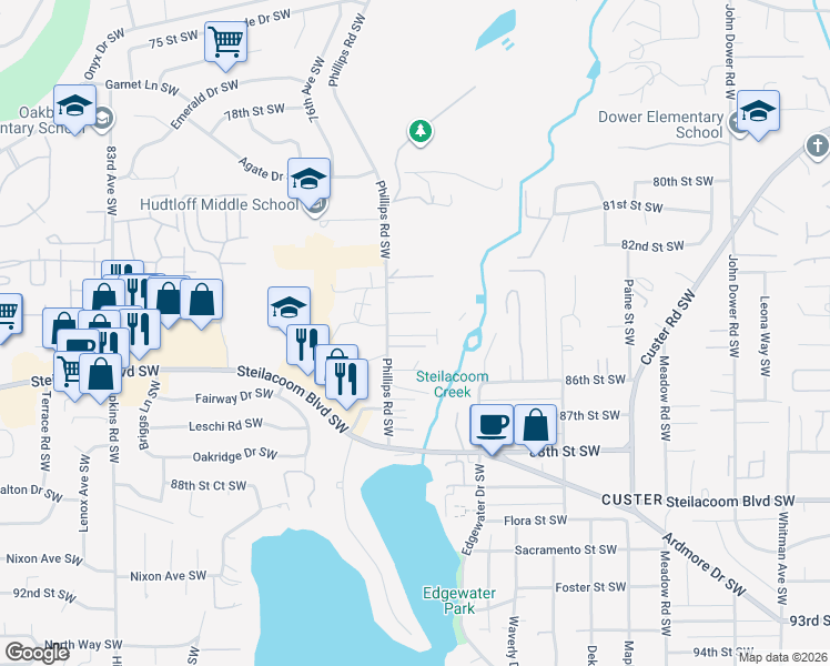 map of restaurants, bars, coffee shops, grocery stores, and more near 8375 Phillips Road Southwest in Lakewood
