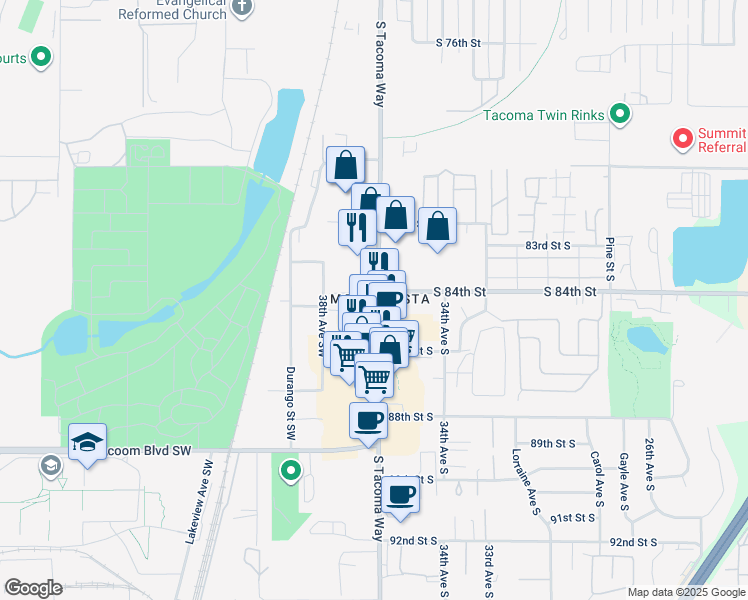 map of restaurants, bars, coffee shops, grocery stores, and more near in Lakewood