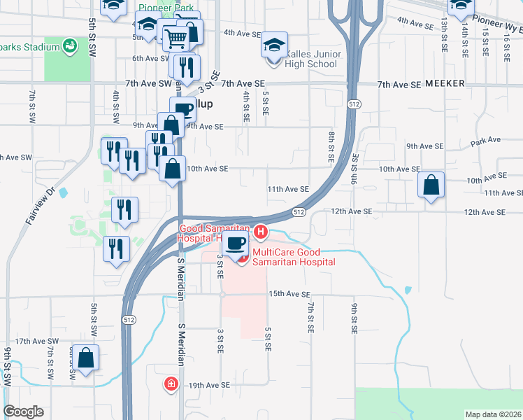 map of restaurants, bars, coffee shops, grocery stores, and more near 1124 5th Street Southeast in Puyallup