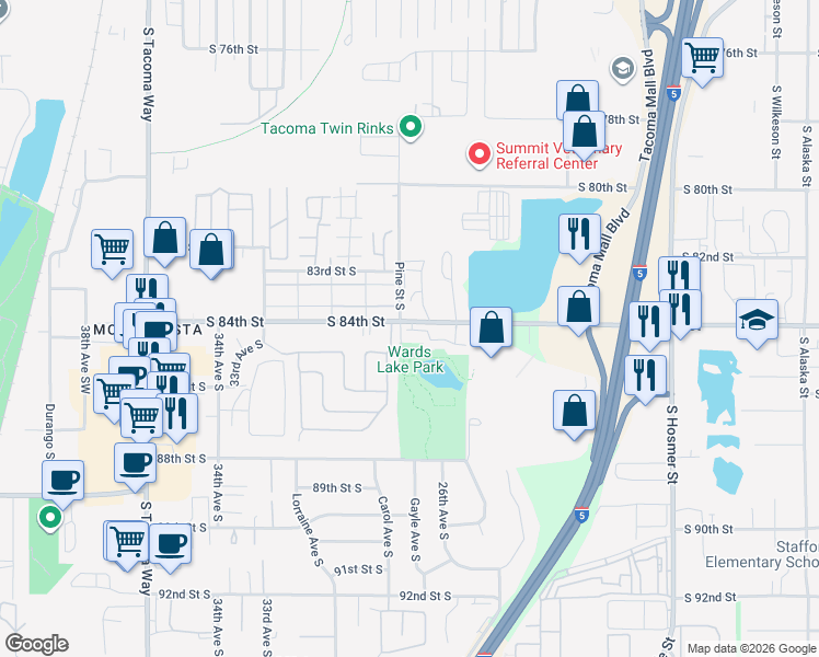 map of restaurants, bars, coffee shops, grocery stores, and more near 2611 84th Stct South in Lakewood