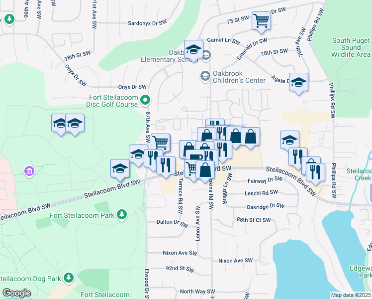 map of restaurants, bars, coffee shops, grocery stores, and more near 8315 Terrace Road Southwest in Lakewood