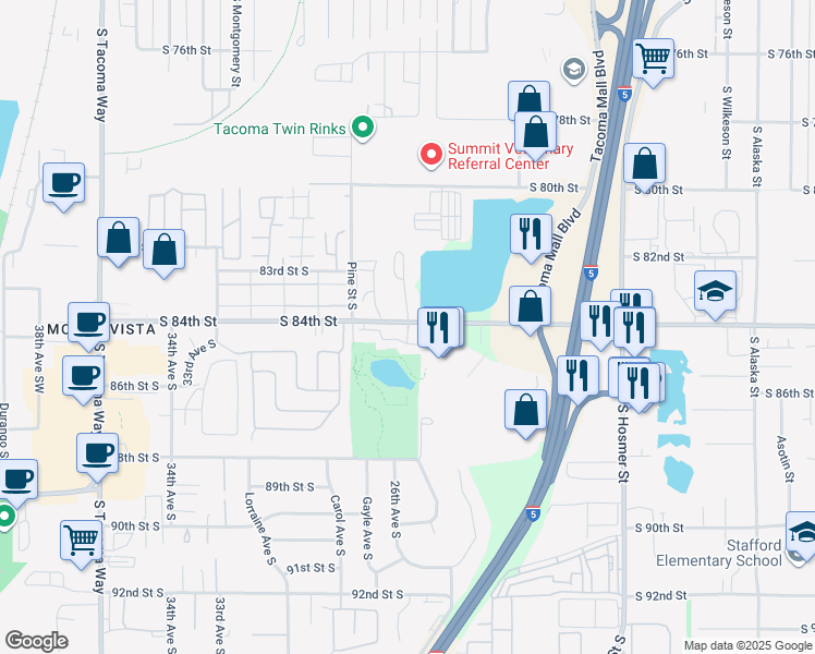 map of restaurants, bars, coffee shops, grocery stores, and more near 2611 26th Avenue Court South in Lakewood