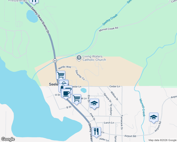 map of restaurants, bars, coffee shops, grocery stores, and more near 3232 Montana 83 in Seeley Lake