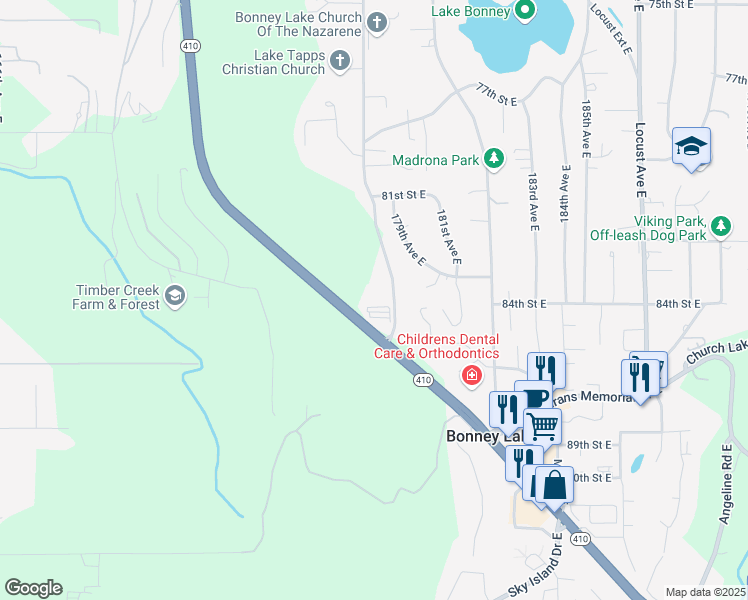 map of restaurants, bars, coffee shops, grocery stores, and more near 8313 Myers Road East in Bonney Lake