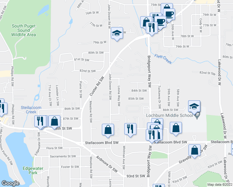 map of restaurants, bars, coffee shops, grocery stores, and more near 8328 Leona Way Southwest in Tacoma