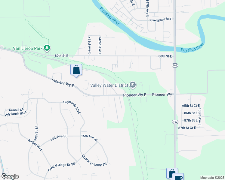 map of restaurants, bars, coffee shops, grocery stores, and more near 14315 Pioneer Way East in Puyallup