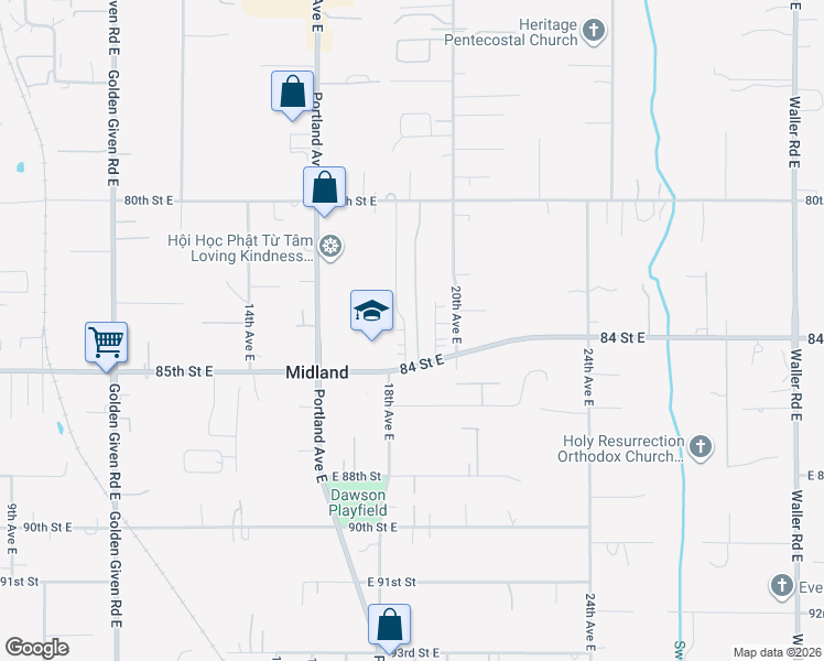 map of restaurants, bars, coffee shops, grocery stores, and more near 8302 18th Avenue Court East in Tacoma