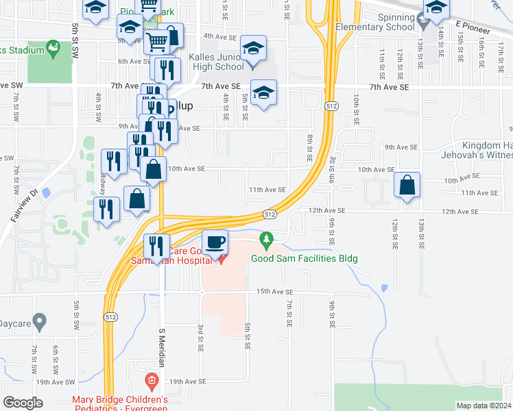 map of restaurants, bars, coffee shops, grocery stores, and more near 512 12th Avenue Southeast in Puyallup