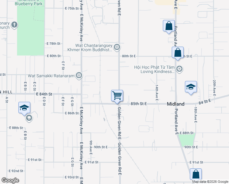 map of restaurants, bars, coffee shops, grocery stores, and more near 8324 Golden Given Road East in Tacoma