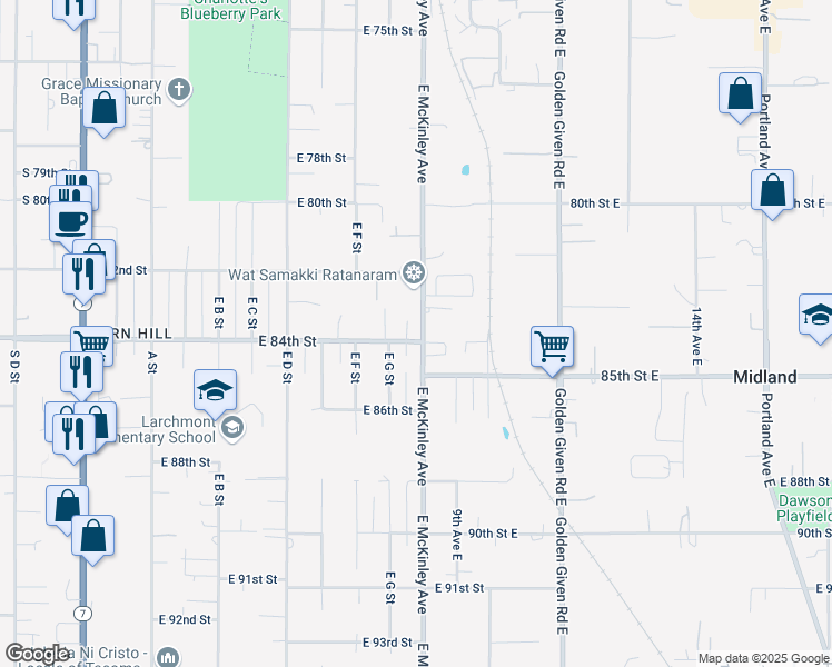 map of restaurants, bars, coffee shops, grocery stores, and more near 641 East 84th Street in Tacoma