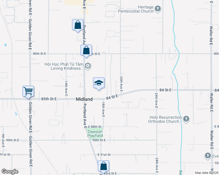 map of restaurants, bars, coffee shops, grocery stores, and more near 8302 18th Avenue Court East in Tacoma