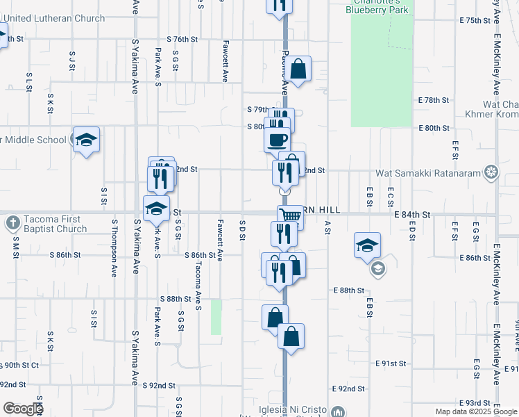 map of restaurants, bars, coffee shops, grocery stores, and more near 309 South 84th Street in Tacoma