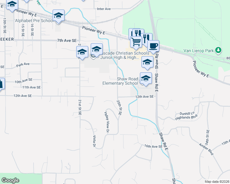 map of restaurants, bars, coffee shops, grocery stores, and more near 1110 25th Street Southeast in Puyallup