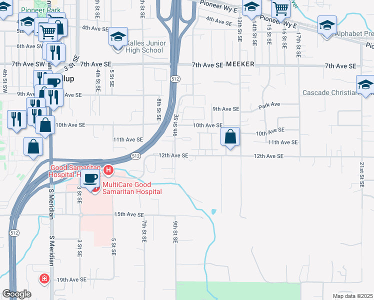 map of restaurants, bars, coffee shops, grocery stores, and more near 1022 10th Avenue Southeast in Puyallup