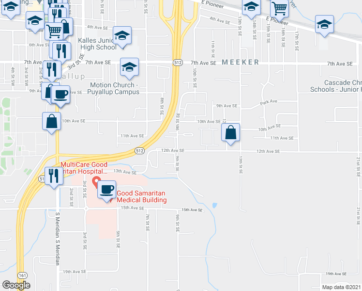 map of restaurants, bars, coffee shops, grocery stores, and more near 1112 9th Street Southeast in Puyallup