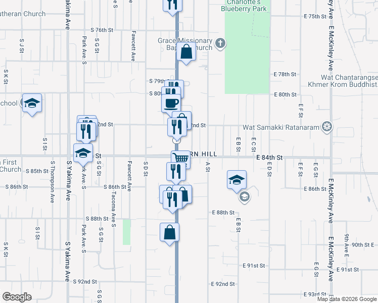 map of restaurants, bars, coffee shops, grocery stores, and more near 8242 South Bell Street in Tacoma