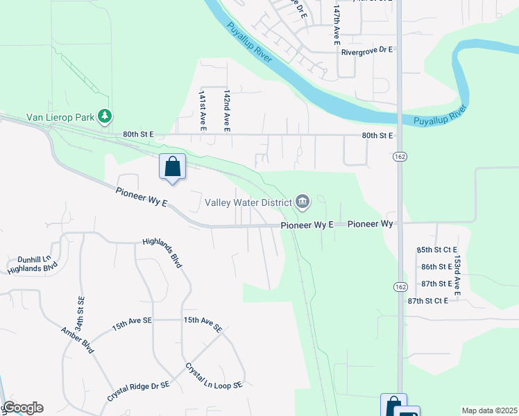 map of restaurants, bars, coffee shops, grocery stores, and more near 14315 Pioneer Way East in Puyallup