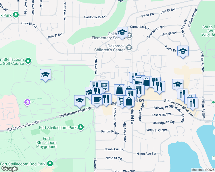 map of restaurants, bars, coffee shops, grocery stores, and more near 8619 83rd Street Court Southwest in Lakewood