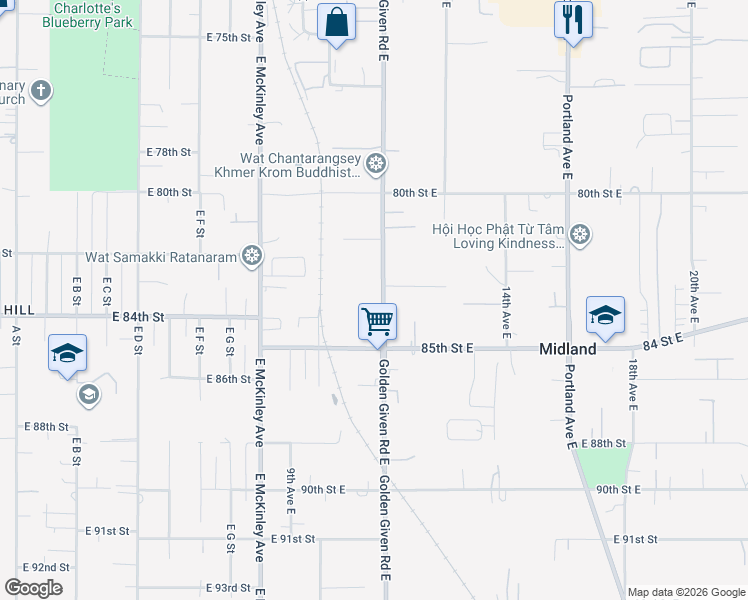 map of restaurants, bars, coffee shops, grocery stores, and more near 8324 Golden Given Road East in Tacoma