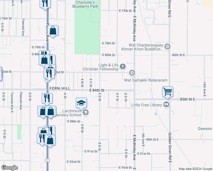 map of restaurants, bars, coffee shops, grocery stores, and more near 407 East 84th Street in Tacoma