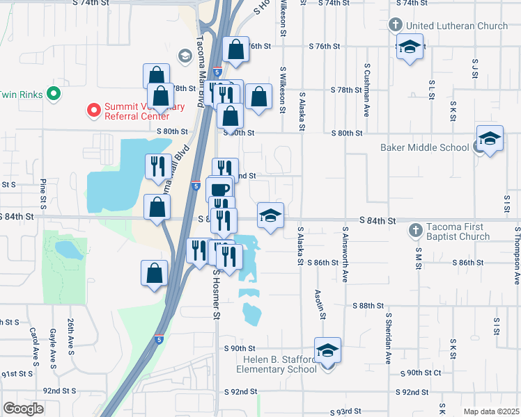 map of restaurants, bars, coffee shops, grocery stores, and more near in Tacoma
