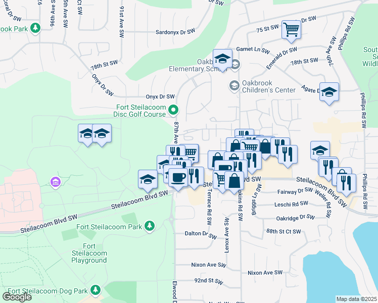 map of restaurants, bars, coffee shops, grocery stores, and more near 8619 83rd Street Court Southwest in Lakewood