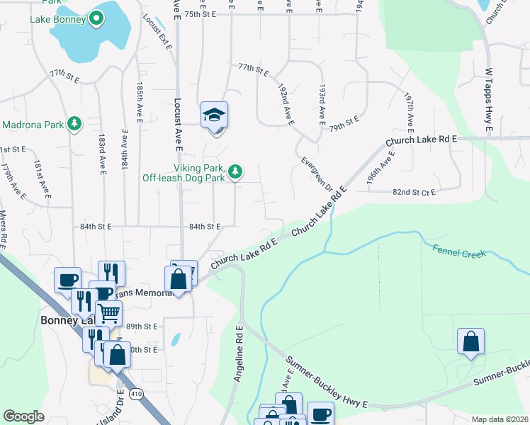 map of restaurants, bars, coffee shops, grocery stores, and more near 13317 191st Avenue East in Bonney Lake