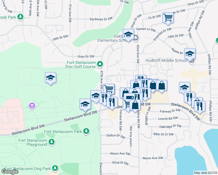 map of restaurants, bars, coffee shops, grocery stores, and more near 8615 83rd Street Court Southwest in Lakewood