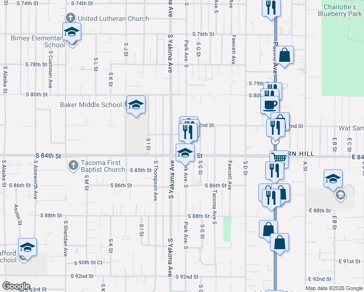 map of restaurants, bars, coffee shops, grocery stores, and more near 8402 South Park Avenue in Tacoma