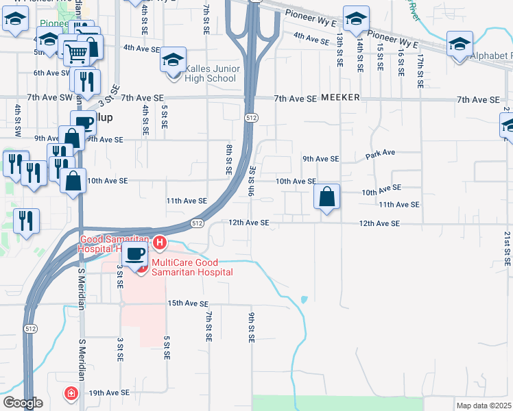 map of restaurants, bars, coffee shops, grocery stores, and more near 1112 9th Street Southeast in Puyallup